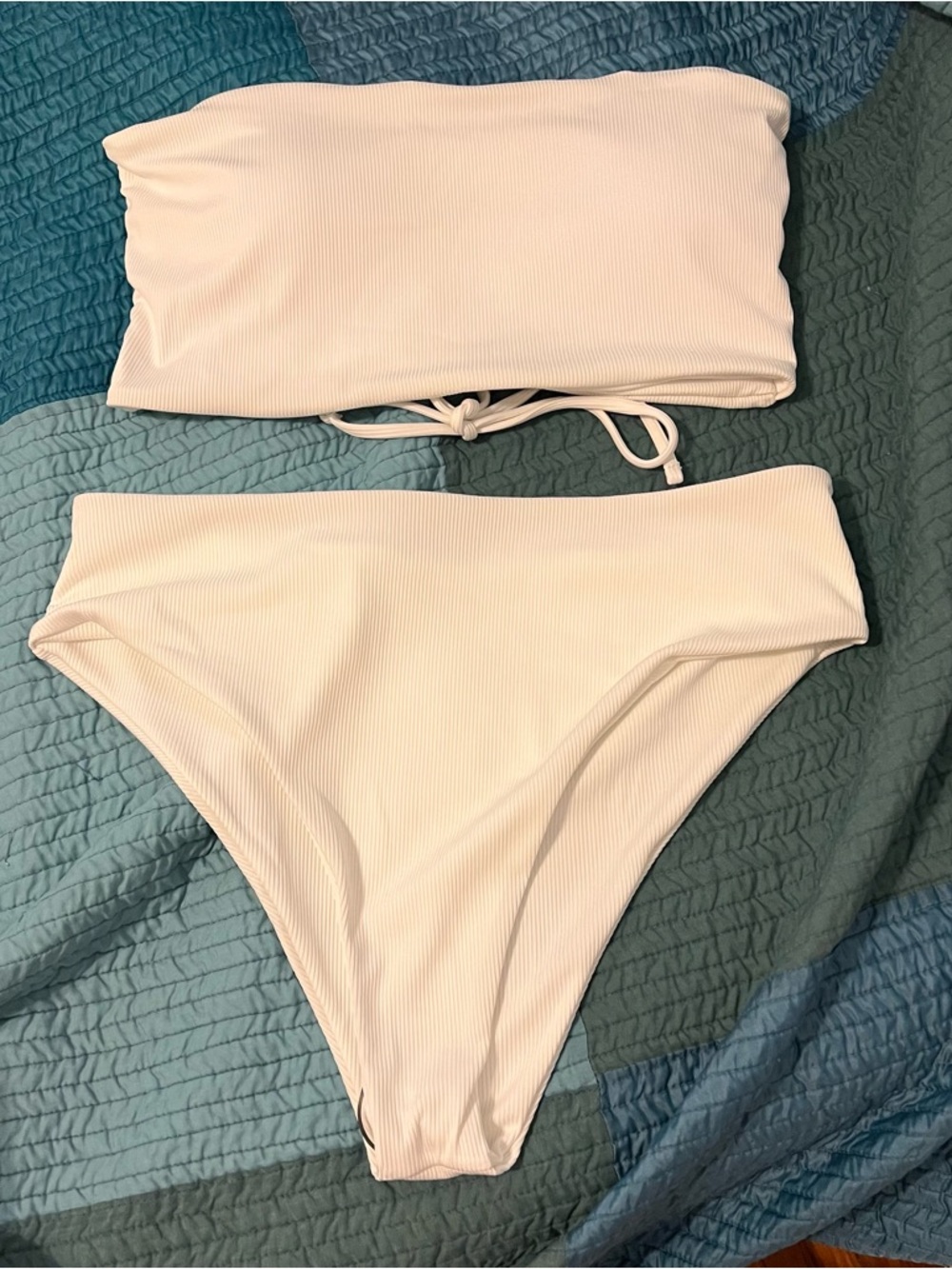 SHEIN White Ribbed Bandeau Two-Piece Swim Set